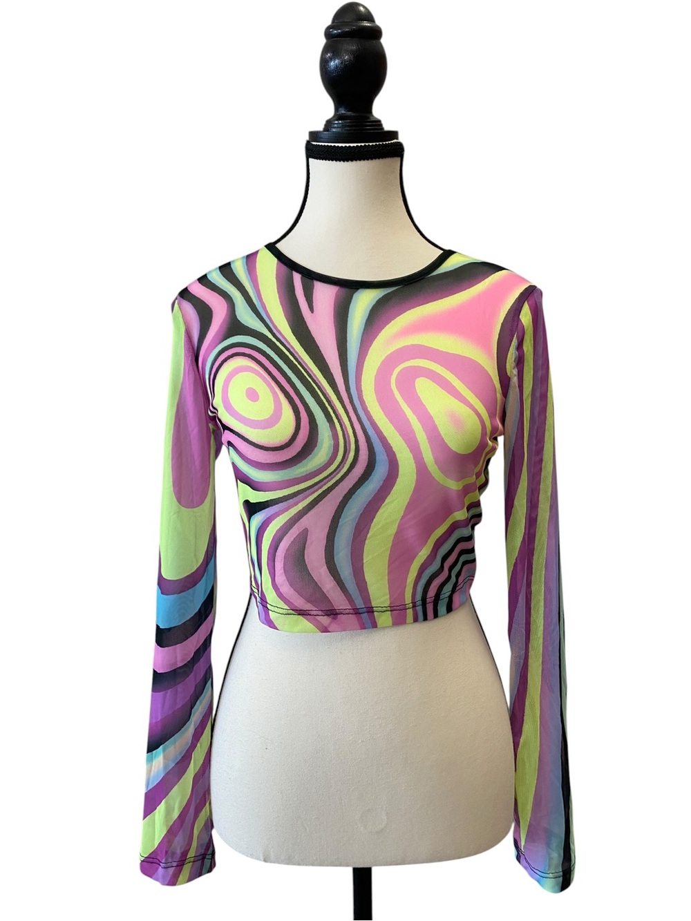 Neon Swirl Long-Sleeve Crop Top - Size M